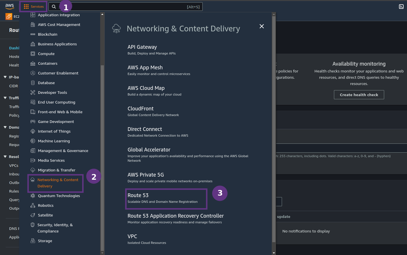 Figure 1 - Amazon Route 53 | Navigating to the Route 53 Dashboard on AWS
