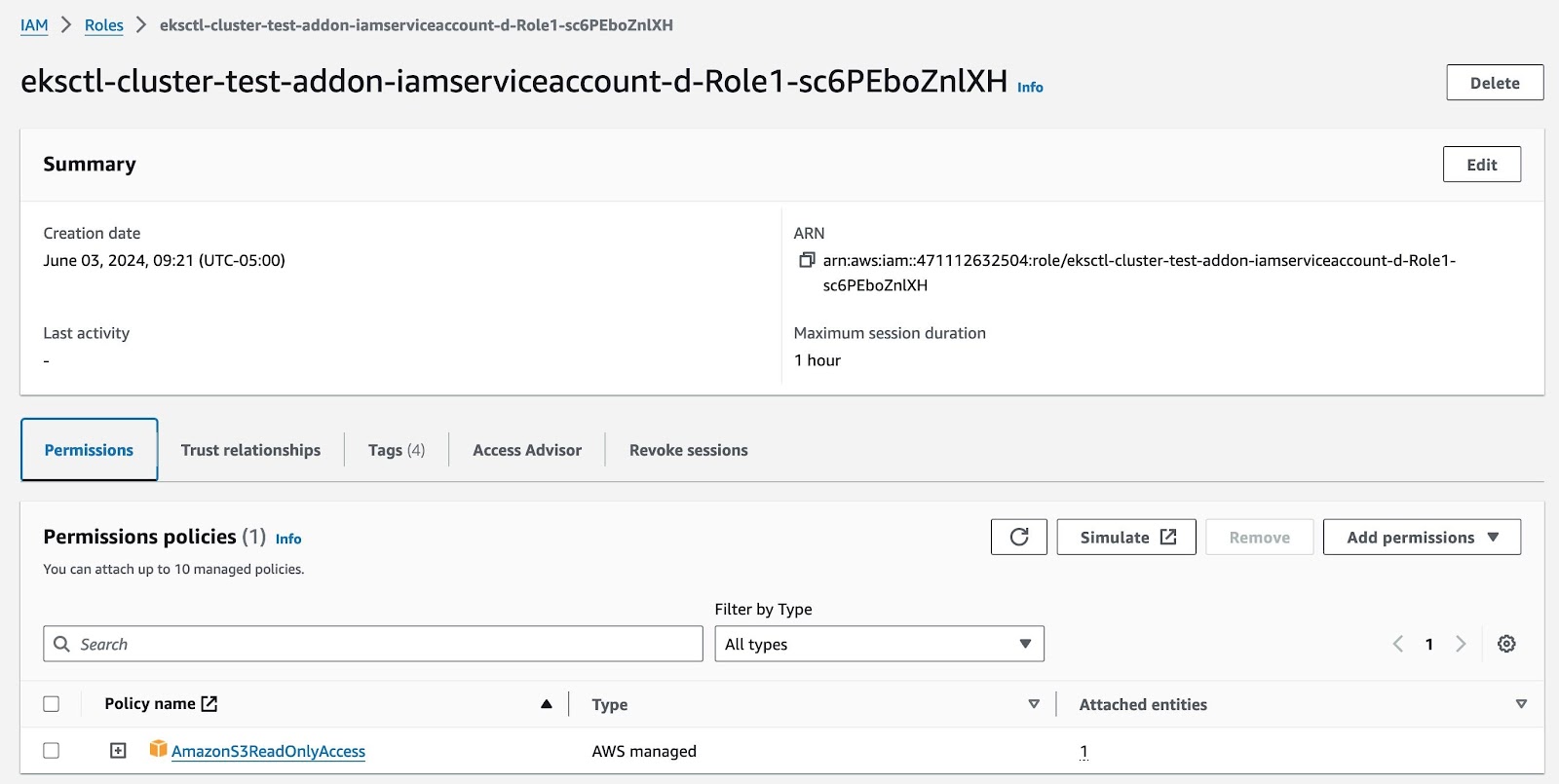 Figure 2 - IAM Role created with EKSCTL and its attached policy