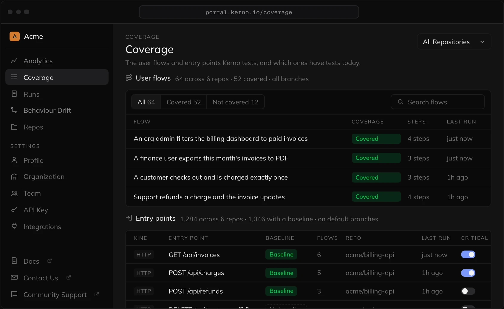 The Kerno Portal Coverage page listing user flows and entry points, with baselines and critical toggles