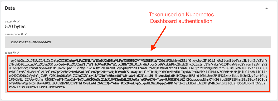 Figure 21 Config and Storage Overview | Expanded token in secret `admin-user`.