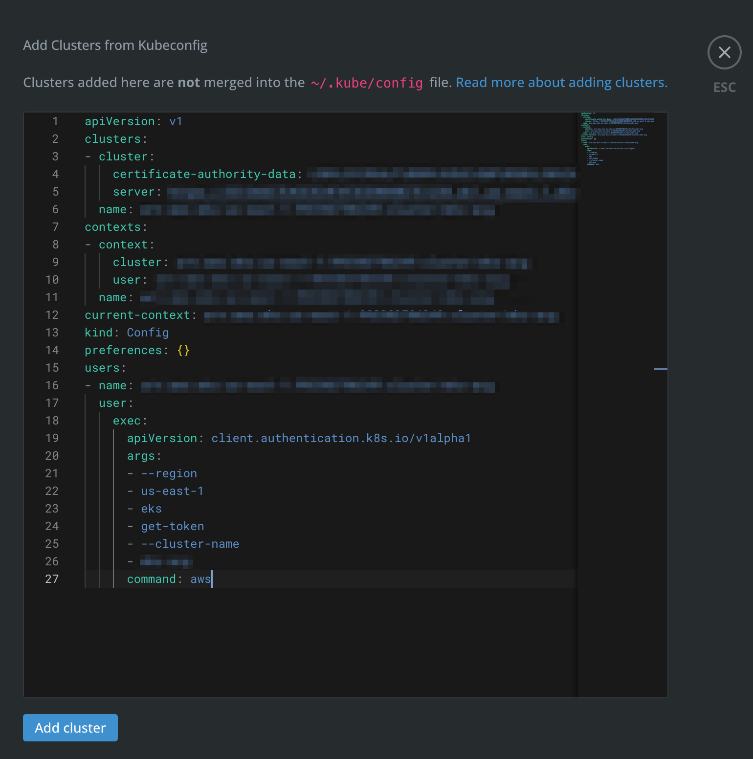 Figure 5 - Kubernetes Lens | Adding a Kubernetes Cluster via YAML File